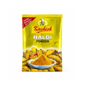 Kashish Haldi Powder packet with turmeric roots and powder