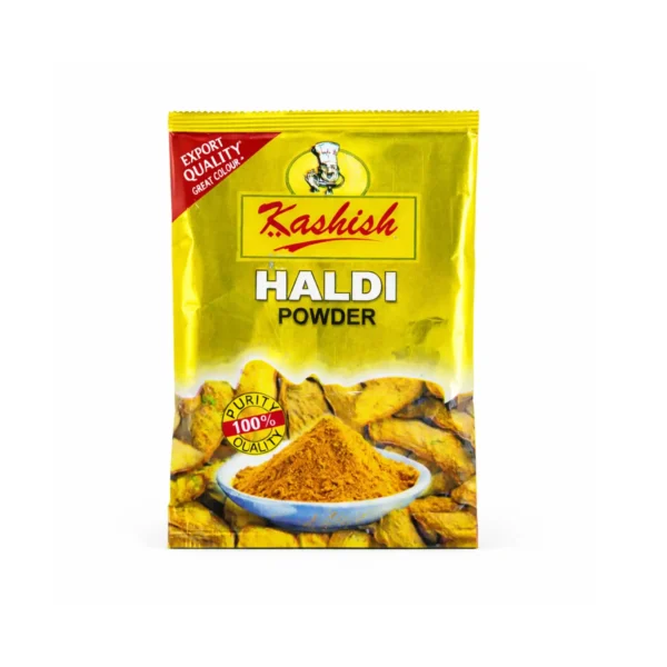 Kashish Haldi Powder packet with turmeric roots and powder